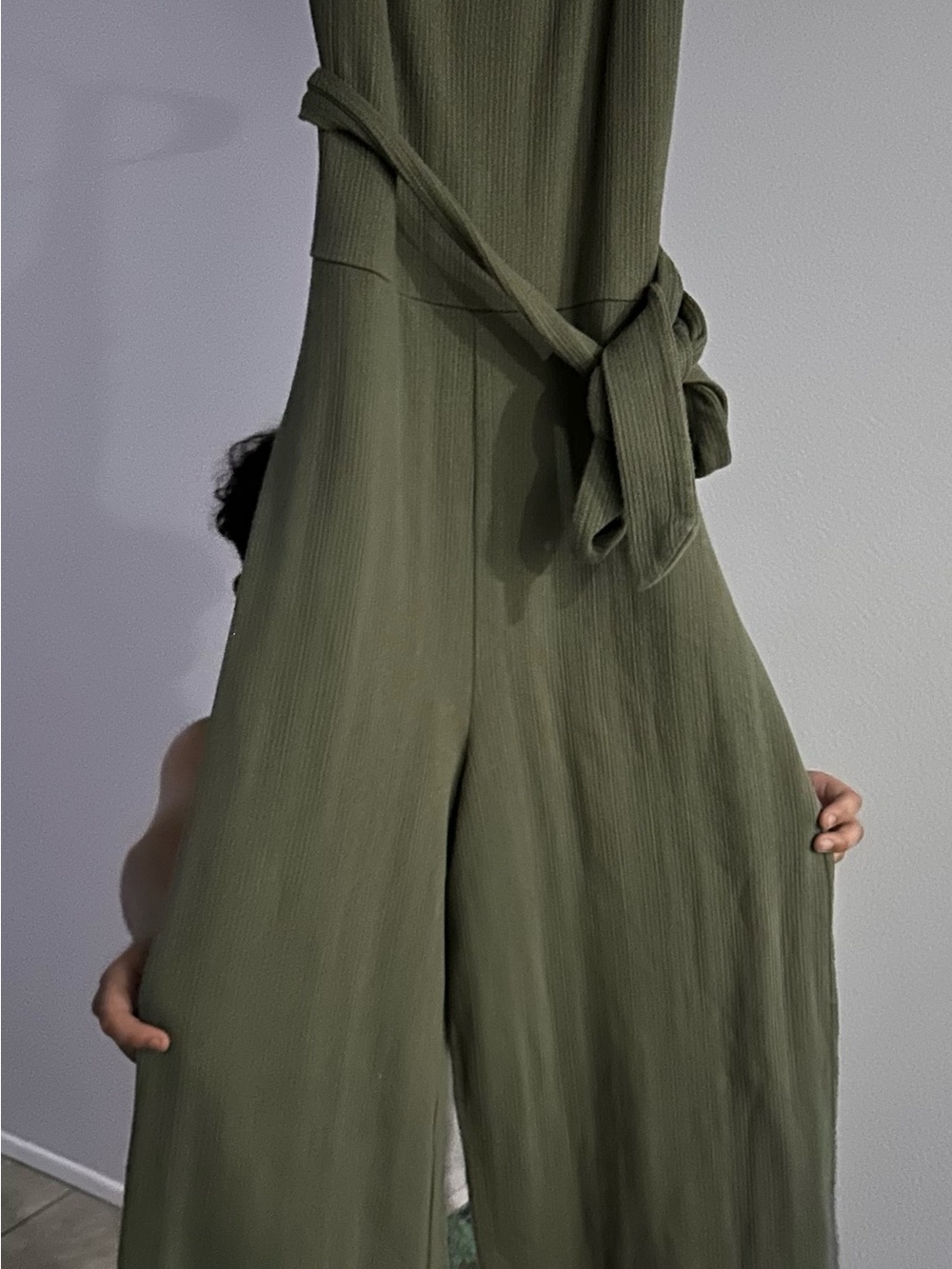 GAP Olive Green Ribbed Wide-Leg Jumpsuit with Waist Tie